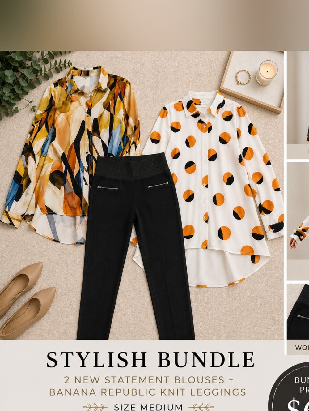 🌿2 New Statement Blouses + Banana Republic Knit Leggings | Size Medium Bundle